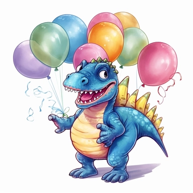 a T-Rex cartoon character holding colorful balloons for a birthday party, glamorous , Gouache, white background with margins, Clipart style