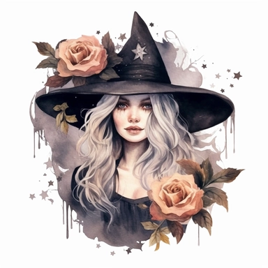 dark arcadia witch clip art, watercolor, magic, fantasy, roses, glowing details, witches broom