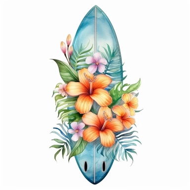 Pastel Cute Beautiful surf board tropical flower Watercolor Sublimation Clipart,Cartoon, hyper realistic, intricate detail, illustration style,high solution,on the white background