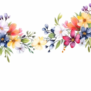 watercolor, Horizontal white banner or floral backdrop decorated with gorgeous multicolored blooming flowers and leaves border. Spring botanical png Full body realistic cartoon in 32K UHD cute. 15 cm thick outline. Black color. There was no shadow on the ground. 8k with realistic watercolors and detailed illustrations. PNG clipart, transparent white background