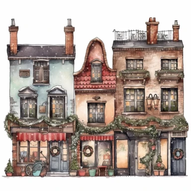 beautiful old town Christmas Clipart , style by Lucy Fleming, watercolor, smooth gradients, black contour outline, ultra detailed, clipart elements, delicate pastel colors, solid white background, super clear, high quality