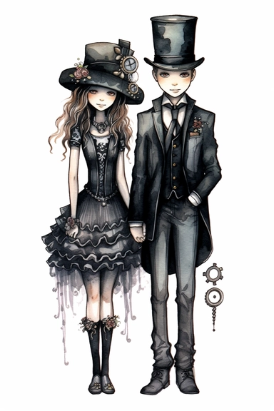 watercolor mixed media goth steampunk boy and girl entire body in goth steampunk wedding décor illustration clipart by holly hobbie