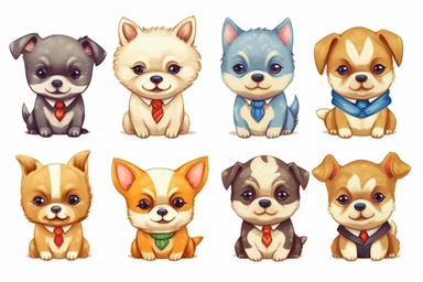 9 sets of a cute baby puppies Munchkin, smile,round face,round head,Wearing a tie,different poses,different breeds, clipart, isolated on white background, spaced out,