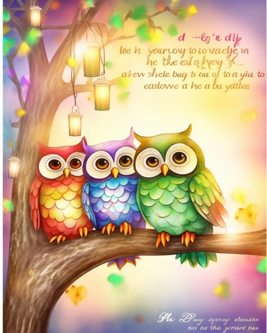 CLIPART, group of owls with message, children book illustrations, Cartoon–cute or childlike, Whimsical illustrations, charming, childlike, carefree, dreamy, fun and colorful, 3D, 8k, cinematic lighting effect, cute, watercolor, cute and quirky, fantasy art, bokeh, hand-drawn, digital painting, soft lighting, bird's-eye view, vibrant vector , seed1