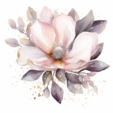 clipart magnolia, watercolor, white background, silver sequins