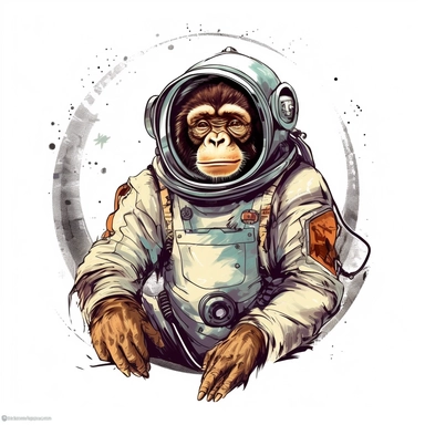 drawing of an vintage space monkey, in the style of retro, moody colors, expressive black lines, white background, clipart