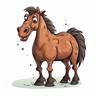 A funny horse clipart in comic style on white background. The horse has a big head in relation to the body, as horse is seen with the whole body, cartoon