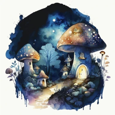 Mushroom village: Paint a scene of a mushroom village with winding paths and homes nestled among the mushrooms. Nighttime. Use watercolors to create a soft, dreamy effect, and add in details like plants or rocks to give the image a sense of movement and life. Use varying shades od blacks and blues. Clipart. White background.