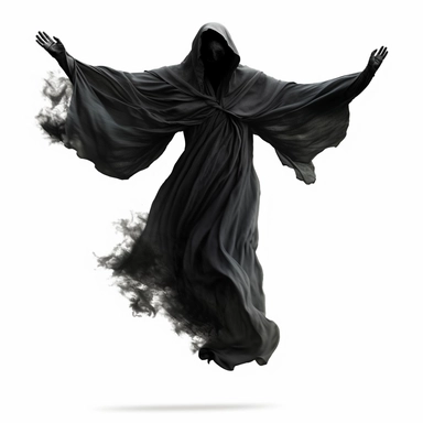 DEATH APPARENT IN BLACK CLOTHES WITHOUT A FACE FLYING SCARY CLIPART ON A WHITE BACKGROUND