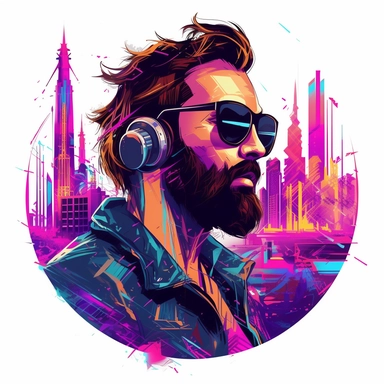 futuristic action shot of a Nouveau beard man around mix of cyber city, synth pop and synthwave,Future Funk, Electric Avenue t-shirt vector design enclosed in circle clipart graphic with white background 8k