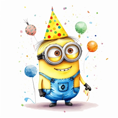 Minnions Cartoon, Cute Beautiful Cute Minnions characters Watercolor Sublimation Clipart, Birthday Party, Minnie is wearing Birthday Hat, Cartoon, hyper realistic, intricate detail, illustration style, high solution, on the white background
