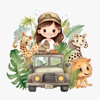 Watercolor clipart, A super cute happy girl and safari animals, in a jungle jeep, illustration watercolor style, minimalistic, clipart, children's book illustration, hd, 16k, 4k, isolated white background, single design, single object, watercolor illustration by mark ryden, print on demand image, PNG transparent background, solid white background for Clipart