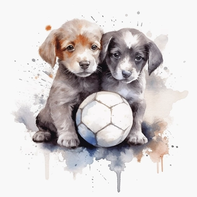 Watercolor puppies playing, with ball that resembles a world globe Clipart - cute dogs , Colour of blacka and silver, white background, vector art, high definition, clip art, ar 2:2