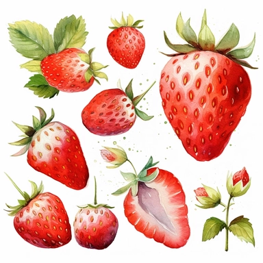 Clipart, beautiful combination with delicious strawberries, summer, fresh, watercolor paints, isolated objects on white background, digital rich, beautiful combination, high quality, 8K-Q2-S750