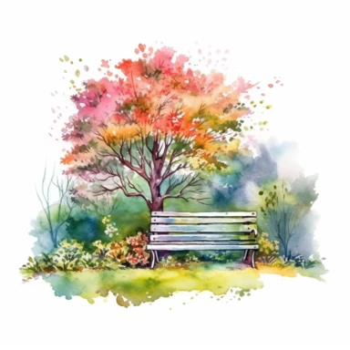 clipart, isolated on white background, Watercolor Spring beautiful ornated metal bench under the tree, flowers and grass and plants, ornated, vivid and vibrant and saturated colors