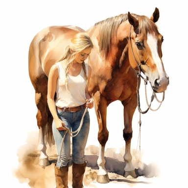 realistic watercolor drawing of a farmer girl brushing a horse on a charming California farm, on a white background where the background will be removed to repurpose as a clipart.