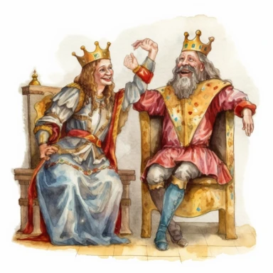 medieval king sitting on his throne laughing at the antics of his peasant jester who is dancing in front of the throne watercolor clipart no fonts no words no letters