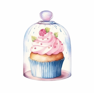 whimsical watercolour clip art against a white background easter themed cupcake under a glass dome  - <@1098423716465102849> (Waiting to start)