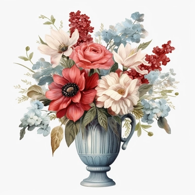 pastel red white blue color vintage wedding floral bouquet in a vase clipart