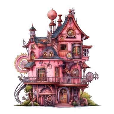 Beautiful Pink Steampunk House Sublimation Girl Clipart, Cartoon, hyper realistic, intricate detail, illustration style, high solution, on the white background