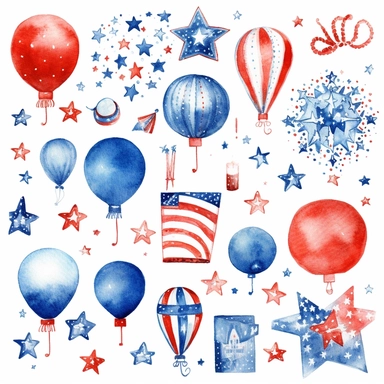 Independence Day (4 th of July) Collection. Hand drawn watercolour graphic paint on white background, isolated clip art elements for holiday decoration and celebration design. Red, blue, white color.