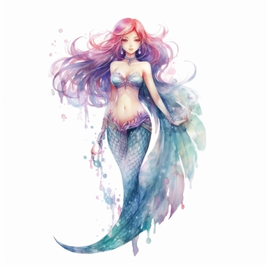 a charming asian mermaid, mermaid fin, full body, delicate detail, artistic interpretations, watercolor, in the style of artgerm, 2d game art, quadratura, clipart, on white blackground,