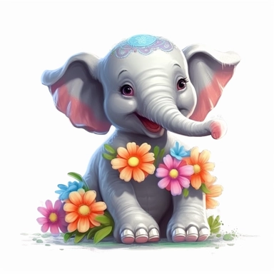 cute baby elephant with a smile on its face and flowers, soft color, HD, cartoon image, on white background Clipart,Cartoon, hyper realistic, intricate detail, illustration style,high solution,on the white background