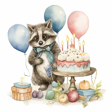 clipart of baby raccoon in birthday party with a balloons, cake with candles, illustration on white background, in the style of victorian - era clothing, embroidery, beatrix potter, 32k uhd, grainy, flickr, plush doll art, watercolor art by Susan Wheeler and Marjolein Bastin