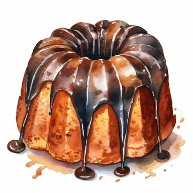 watercolour bundt cake with chocolate coating, clipart on white background, no watermark, highly detailed, professional color gradation, clean sharpness