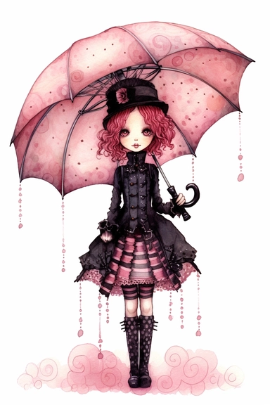 watercolor mixed media pink goth steampunk girl entire body with a gothic steampunk umbrella illustration clipart by holly hobbie