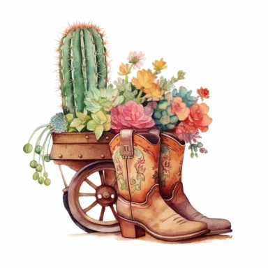 Create an enchanting watercolor clipart illustration on a white isolated background vector, featuring a pair of elegantly painted cowboy boots with intricate floral designs, positioned beside a wagon wheel and a horseshoe, all enveloped by a desert landscape filled with blooming cacti. Draw inspiration from the artistic style of Charles Reid, a renowned watercolor artist known for his loose and spontaneous approach, to bring a sense of vitality and personality to the composition, while capturing