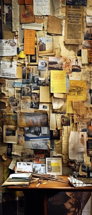 color photo of an Investigation Board full of old and new pictures and notes, close-up of one corner, unorganized, chaotic, messy, cluttered, overwhelming, textured, intricate, complex, detailed, with torn edges, faded colors, scribbles, post-its, lines, arrows, dates, labels, names, faces, maps, charts, graphs, and newspaper clippings — night, dimly lit, with a single lamp casting shadows and highlights on the board — camera settings: Canon EOS 5D Mark IV, Kodak Portra 800 35mm film, Canon EF 5