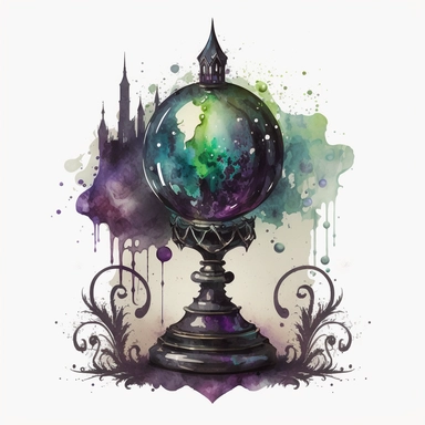 a beautifull gothic magical sphere with watercolour effect,mystic candlestick,shiny natural diamond,twinkles,suitable for digital clipart ,purple color,green color, white background