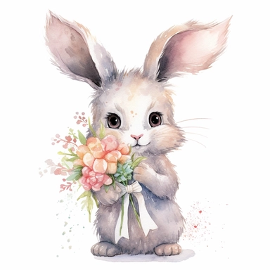 Watercolor bunny holding bouquet of wild flowers clipart, childlike innocence and charm, big and adorable eyes, cute and charming expression, funny and floppy ears, rosy cheeks, shy bunny, foreboding colors, valentines day themed, white background, high quality