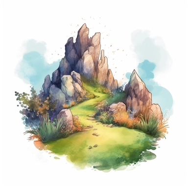 Create One clipart inspired by rocks on hill: The clipart exudes a cozy ambiance, with a sense of warmth and tranquility. , discovering its secrets and.cozzy watercolor style. in 4K. so it can be used in fantasy books. beautifull coloring