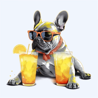 french bulldog, transparent background,clipart,4k hd,full body,different positions,short sleved clothes,sunglasses, really really colorful,drinking lemonade with the sun behind him while he is laying down