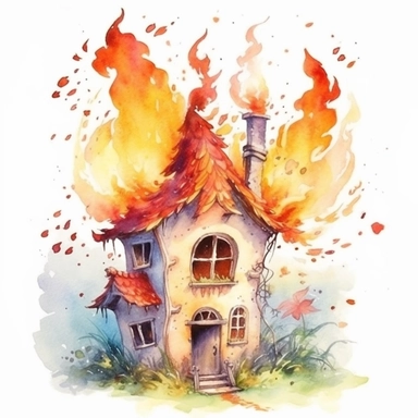 watercolor cute fire fairy House, wings, flame around, detailed, hd, clipart