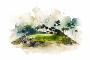watercolour modern golf course, tee shot, in the style of uhd image HD, very detail clipart on white background space out 8k