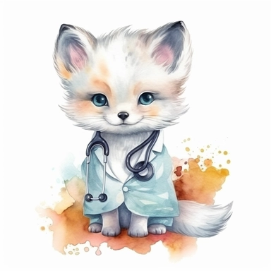 Cute Arctic Fox BABY, BEAUTIFUL big SHINING EYES ,HAPPY, dressed as a Doctor , Watercolor Little Animals Clipart, COLORFUL