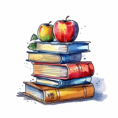 cartoon school book stack and apple illustration drawing, illustration clipart, detailed, black outline, white background, digital art, watercolor