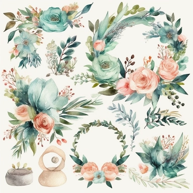 Design a set of watercolor-style digital cliparts specifically for wedding and event decorations. The cliparts should include elements such as flowers, garlands, wreaths, ribbons, and romantic symbols like hearts and doves. Consider various color palettes and styles to cater to both traditional and modern weddings and events. The cliparts should be versatile and suitable for use in invitations, save-the-date cards, menu cards, table cards, seating charts, and other decorative elements