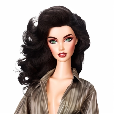Beautiful pretty barbie doll 80's style, dark hair, paint art style, detail, clipart, white background, superrealistic, one of a kind
