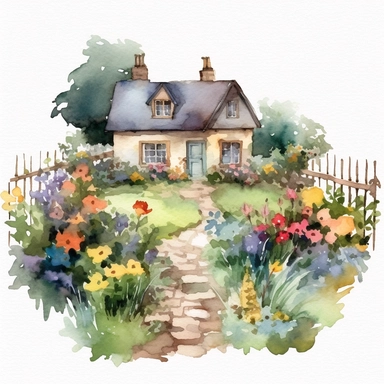 watercolour English cottage garden with a mix of colorful flowers and hedges plain background a png image that can be used as clipart