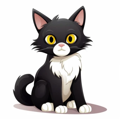 cute cartoon cat, black and white cat,smooth fur, black face with a little bit white by mouth, a lot of white on chest, white paws, black legs, yellow eyes, full body sitting, white background, clip art, vector graphic