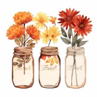 basic watercolor fall leaves and flowers in a jar in minimal hand drawn style, Etsy, textured, clipart, white background