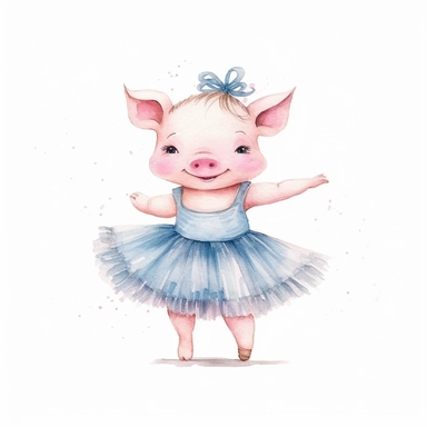 a cute ballerina pig dancing, full body, pencil and watercolor clipart style, cartoon style, super high quality, high resolution, pastel colors, isolated white background, 8k