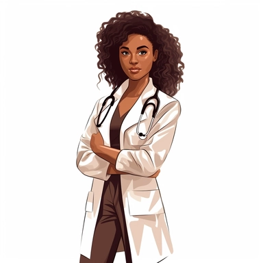 Black Woman in doctor uniform clipart in the style of vector art, white background