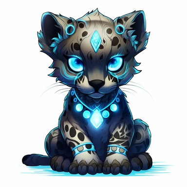 a cute and whimsical glowing tribal leopard with blue lights on his eyes, tribal animals, in the style of manhwa character design, master of shadows, burned/charred, himalayan art, dark black and light azure, 2d game art, quadratura, clipart, on white blackground