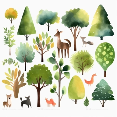 simplified single trees clipart, simple shapes, no lines, no outlines, clipart most popular on etsy, featured on dribble, cartoon animals clipart, minimalist, computer vector graphic design clip art, watercolor illustration clipart, watercolour clipart, watercolor illustration for kids and children, book illustration, print on demand image, PNG transparent background