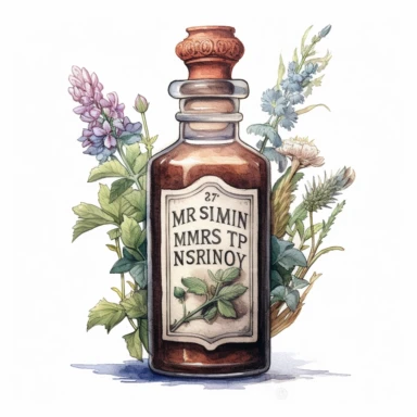 watercolor, hyper realistic, white background, white margins, 16k, ultra detailed clipart, cut out image, hand-drawn a vintage medicine bottle with a label that reads Mrs. Winslow's Soothing Syrup and a cork stopper, surrounded by herbs and flowers